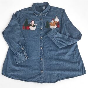 Vintage Holiday Editions Blue Denim Christmas Shirt Embroidered Snowmen 1X EUC
